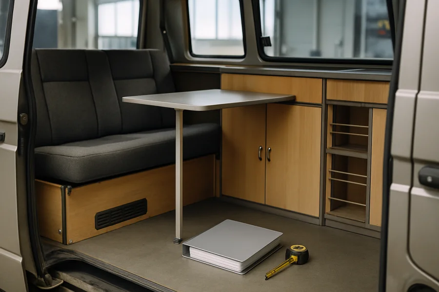 Fest montierter Camper-Ausbau mit Küchenmodul, Tisch und Unterlagen zur Abnahme