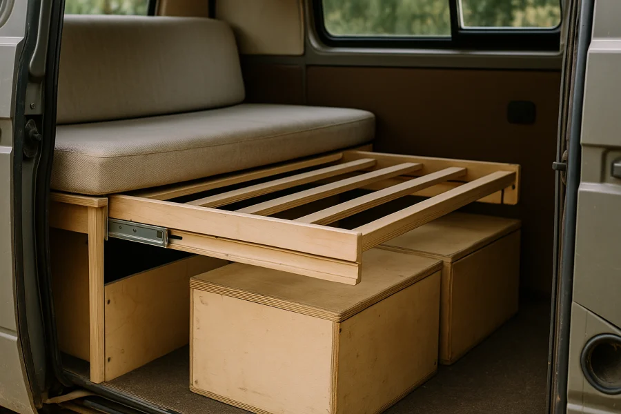Halb ausgezogenes Bettgestell mit Sitzpolster und Stauraum im VW-Bus