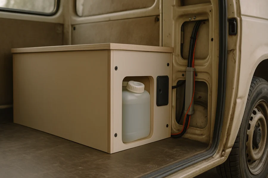 Robust befestigte Sitzbankbox mit zugänglicher Strom- und Wasserversorgung im Camperbus