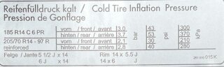 VW T3 Aufkleber "Reifendruck 14 Zoll Reifen"
