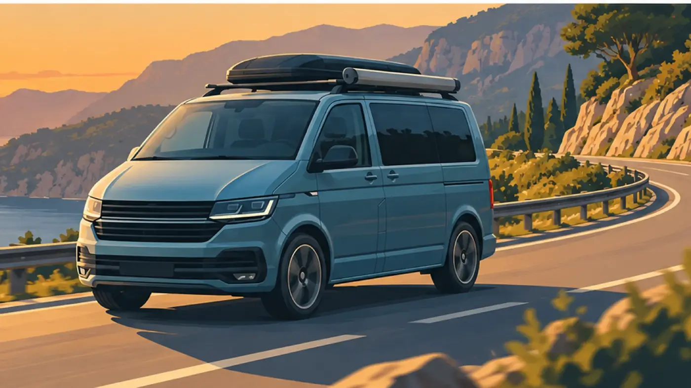 VW Bus T6 auf einer Küstenstraße