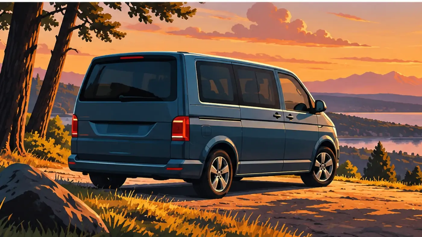 VW Bus T6 während dem Sonnenuntergang