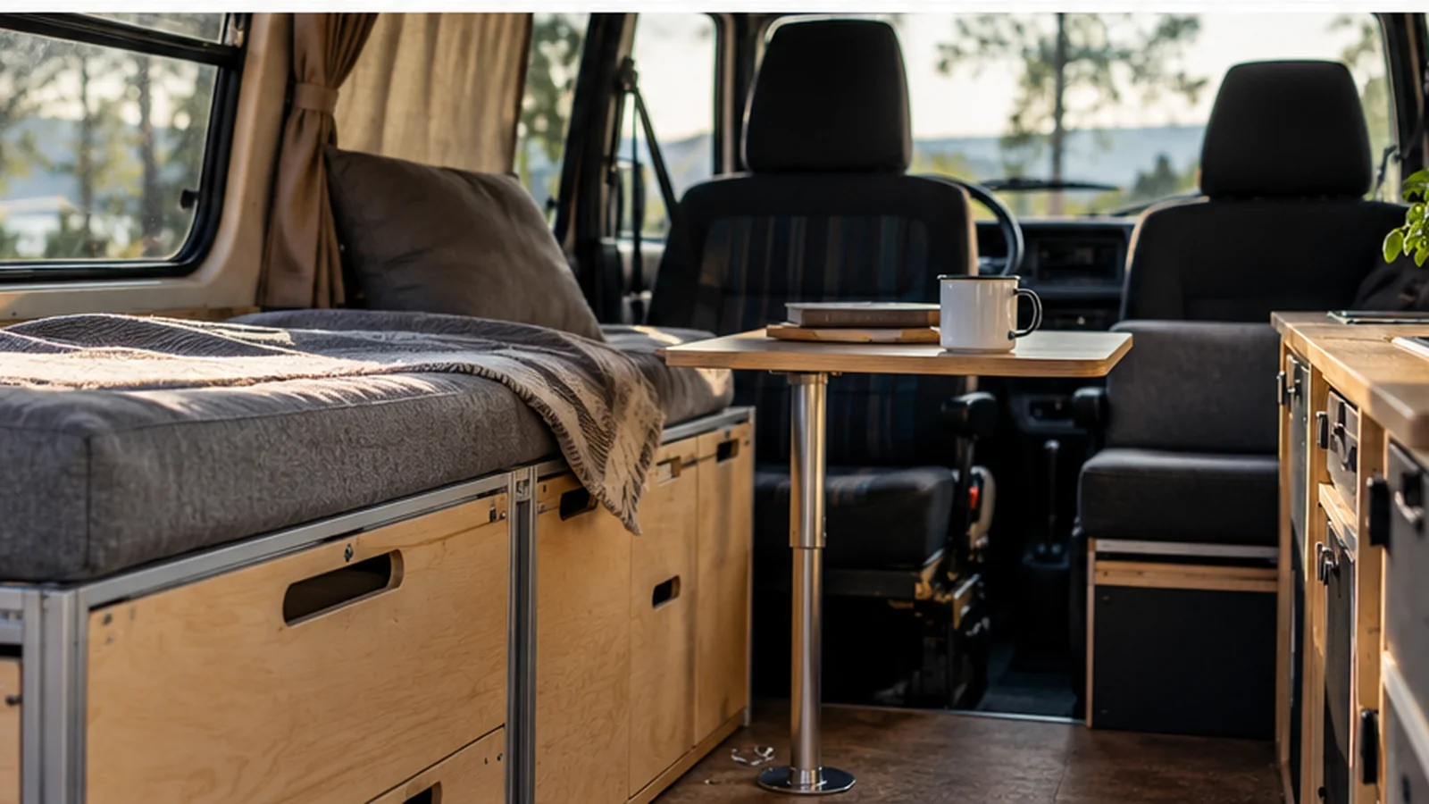 Teilweise ausgebauter VW Bus mit Schlafplatte, Möbelmodul und geordneter Elektrik